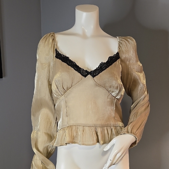 One Heart Clothing Tan Shimmery Smocked Back Blouse with Lace Insert Size Large - Picture 1 of 11